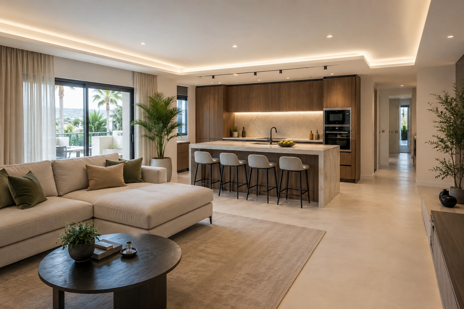 Reforma moderna de salón y cocina en Marbella